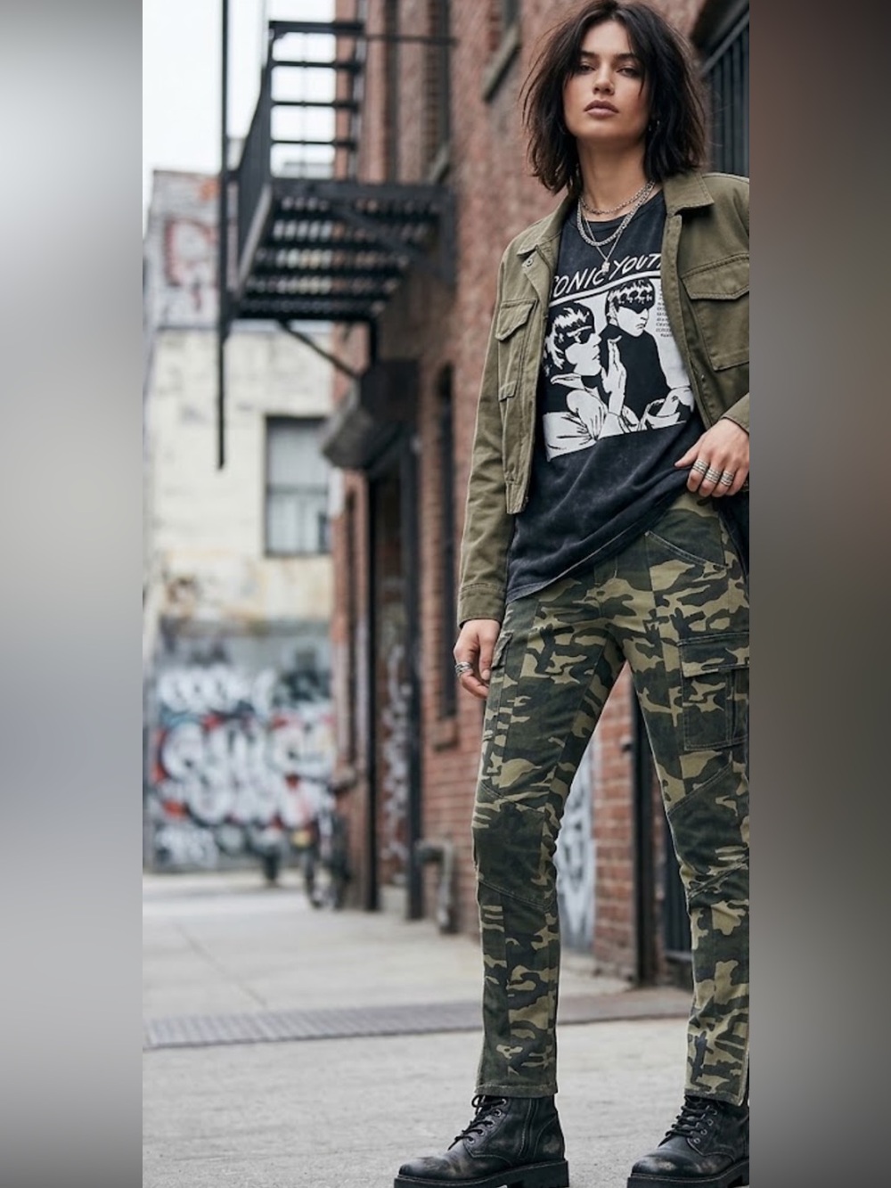 Olivaceous Women's Mid Rise Straight Leg Camo Jeans in Olive Green